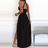Women Elegant Strap Sleeveless Slim Waist Slit Dress