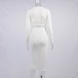 Women Fall Deep V Long Sleeve Crop Top and Split Button Bodycon Dress Two Piece
