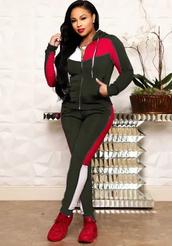 Women Sports Colorblock Long Sleeve Hood Zip Top And Pant Two Piece