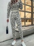 Women Autumn and Winter Leopard Print Sweater + Trousers Two-piece Set
