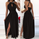 Women Elegant Strap Sleeveless Slim Waist Slit Dress
