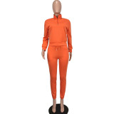Fashion Solid Sport Zip Stand Collar Pullover Two Piece Pants Set