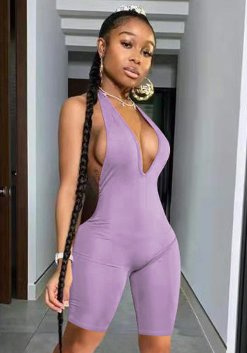 Women Sexy Deep V Solid Color Sleeveless Shorts Jumpsuit
