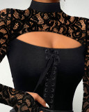 Women'S Black Lace Patchwork Solid Keyhole Lace-Up Basic Top