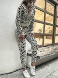 Women Autumn and Winter Leopard Print Sweater + Trousers Two-piece Set