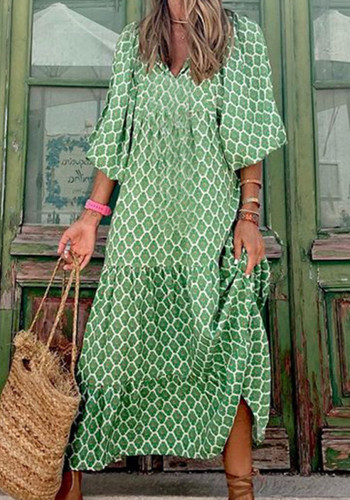 Women Boho Print Stand Collar Long Sleeve Dress