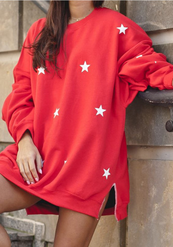 Plus Size Women Loose Round Neck Long Sleeve Star Print Top