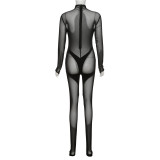 Fall Women's Sexy Mesh See-Through Color Contrast Patchwork Tight Fitting Long Sleeve Jumpsuit