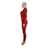 Women's Fall/Winter Ribbed Polo Neck Long Sleeve Pants Slim Set