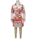 women's autumn and winter long sleeve printed pleated skirt suit