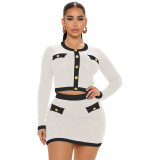 Women's Fall Winter Ribbed Round Neck Contrast Long Sleeve Skirt Suit