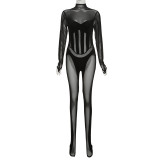 Fall Women's Sexy Mesh See-Through Color Contrast Patchwork Tight Fitting Long Sleeve Jumpsuit