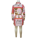 women's autumn and winter long sleeve printed pleated skirt suit