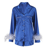 Fall Satin Outdoor Wear Casual Feather Sleeve Two Piece Shirt and Shorts Suit