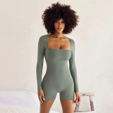 Women's Solid Basic Basic Square Neck Long Sleeve Slim Jumpsuit Casual Track Rompers