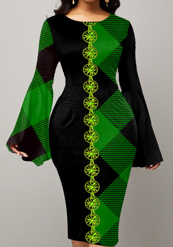 Damenkleid mit 3D-Geometriedruck, rundem Ausschnitt, Bell-Bottom-Ärmeln und Schlitz