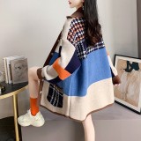 Retro Contrast Color Patch Cardigan Sweater Women's Autumn and Winter Loose Lazy Trendy Knitting Jacket