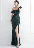 Elegant Sequin Ruffled One Shoulder Slit Prom Dress Slim Fit Fishtail Formal Party Evening Gowns