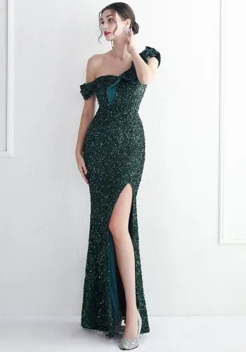 Elegant Sequin Ruffled One Shoulder Slit Prom Dress Slim Fit Fishtail Formal Party Evening Gowns