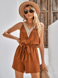 Spring Summer Women's Casual Lace V-Neck Solid Color Sleeveless Jumpsuit