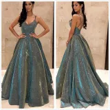 Straps V-neck Sparkling Long Swing A-Line Slim Fit Evening Gown