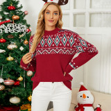 women Christmas knitting shirt autumn and winter round neck contrast color Christmas sweater