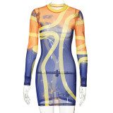 Women's Fall Fashion Round Neck Long Sleeve Stylish Print High Waist Bodycon Dress