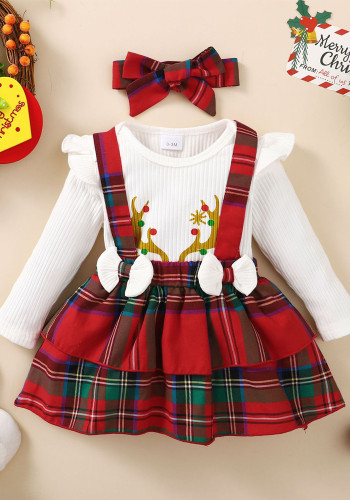 Боди с длинными рукавами и рождественским принтом для девочек на осень и зиму + клетчатая юбка, комплект из двух предметов