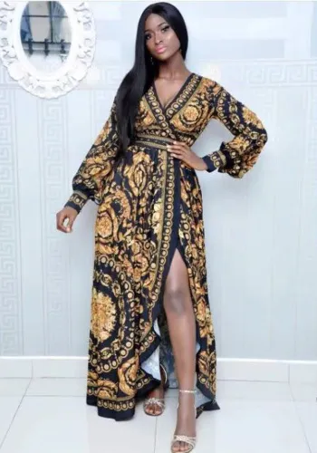 Bohemian V-Neck Vintage Positioning Flower print Pockets Swing Long Sleeve Maxi Dress