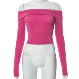 Women's Fall/Winter Fashion Off Shoulder long Sleeve Solid Casual Crop Top T-Shirt