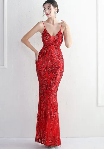 Chic Elegant Sequin Mermaid Prom Dress Straps Long Formal Party Slim Evening Dress