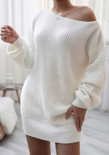 Vestido de suéter feminino outono/inverno manga longa fora do ombro casual solto tricô
