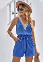 Frühlings-Sommer-Damen Casual Lace V-Neck Solid Color Sleeveless Jumpsuit