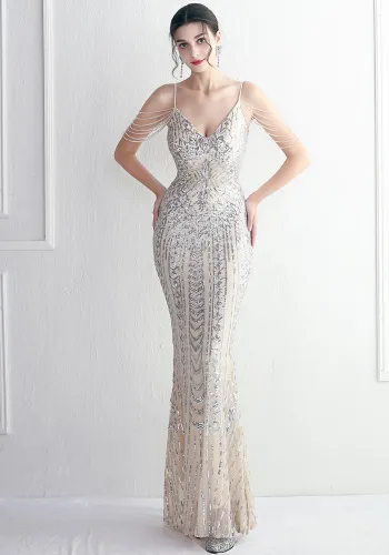 Elegant Chic Beading Straps Party Sequin Prom Dress Long Formal Party Gown Slim Evening Dress
