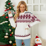 women Christmas knitting shirt autumn and winter round neck contrast color Christmas sweater