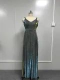 Straps V-neck Sparkling Long Swing A-Line Slim Fit Evening Gown