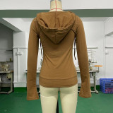 Women's T-Shirt Slim Fit Deep V-Neck Hoodie Drawstring Pocket Patchwork Top