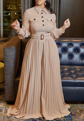 Women's Fall Winter Long Sleeve Casual Loose Pleated Wide Leg Jumpsuit with Belt