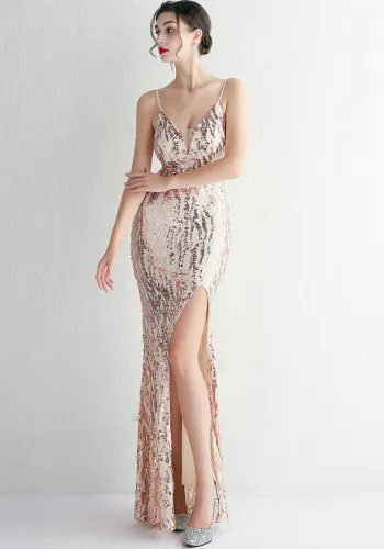 Chic Elegant Sequin Long Straps V-neck Prom Dress Formal Party Slim Evening Dress Chic Mermaid Gown Dress