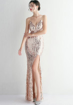 Schicke elegante Pailletten lange Träger V-Ausschnitt Abendkleid formelle Party schlankes Abendkleid schickes Meerjungfrau-Kleid