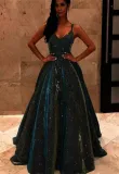 Straps V-neck Sparkling Long Swing A-Line Slim Fit Evening Gown