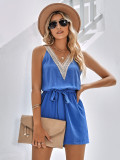 Spring Summer Women's Casual Lace V-Neck Solid Color Sleeveless Jumpsuit