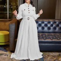 Women's Fall Winter Long Sleeve Casual Loose Pleated Wide Leg Jumpsuit with Belt