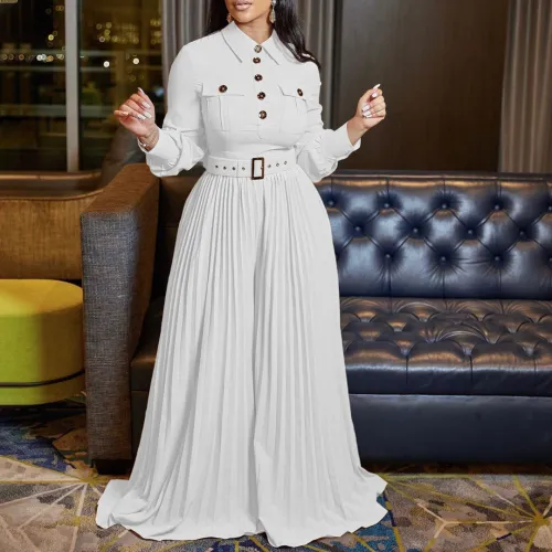 Women's Fall Winter Long Sleeve Casual Loose Pleated Wide Leg Jumpsuit with Belt