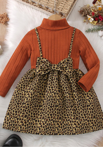 Kids Girl Long Sleeve Patchwork Straps leopard Dress