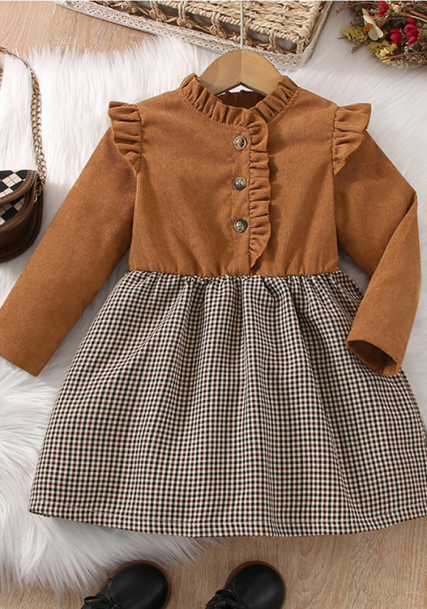 Brown Long Sleeve Button Plaid Kids Dress