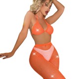 Sexy Lingerie Fishnet Pantyhose Women's Knee-Length Shorts Mesh Beaded Bra Set
