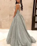 Straps V-neck Sparkling Long Swing A-Line Slim Fit Evening Gown