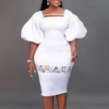 Women's Puff Sleeve Lace Patchwork Sexy Bodycon Dress Africa Plus Size Dress