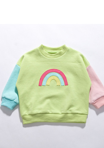 Langarm-Sweatshirt für Kinder, Frühling, Herbst, Outdoor-Bekleidung, bestickter Regenbogen, Jungen und Mädchen, kontrastfarbenes Trend-T-Shirt